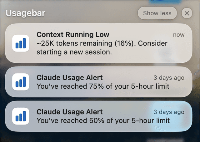 Usagebar notifications showing usage alerts and context warnings