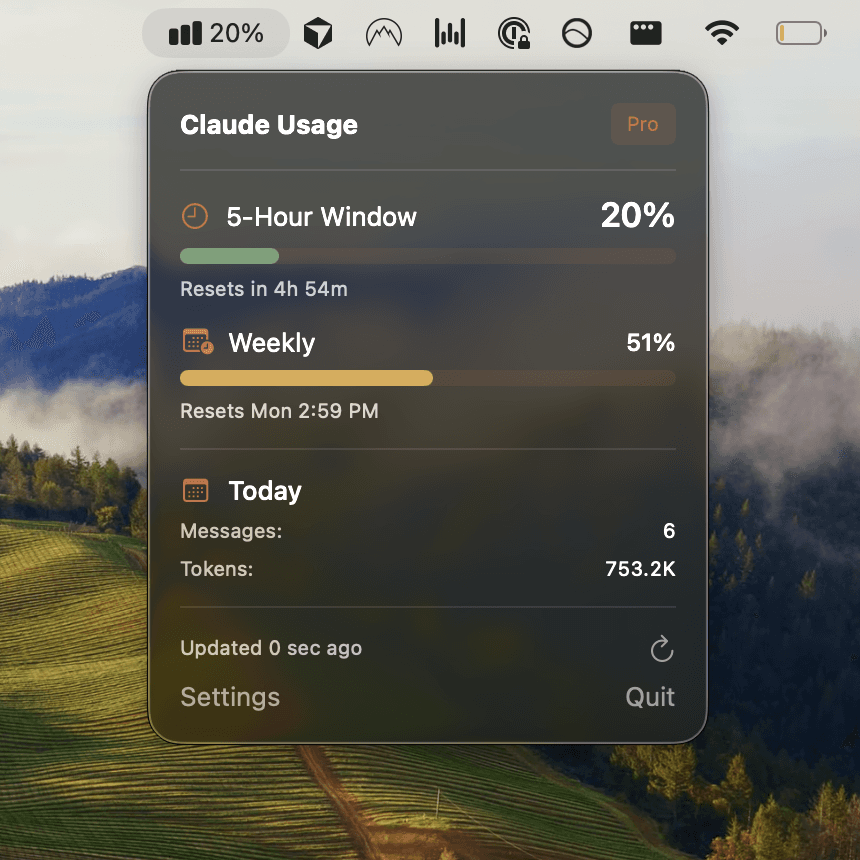 Usagebar showing Claude Code usage in the menu bar